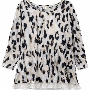 Westbound 2X Leopard Print Lace Hem Top Lightweight Plus Size Blouse